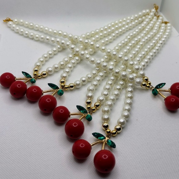 Handmade White Pearl and Red Cherry Necklace - Picture 3 of 4